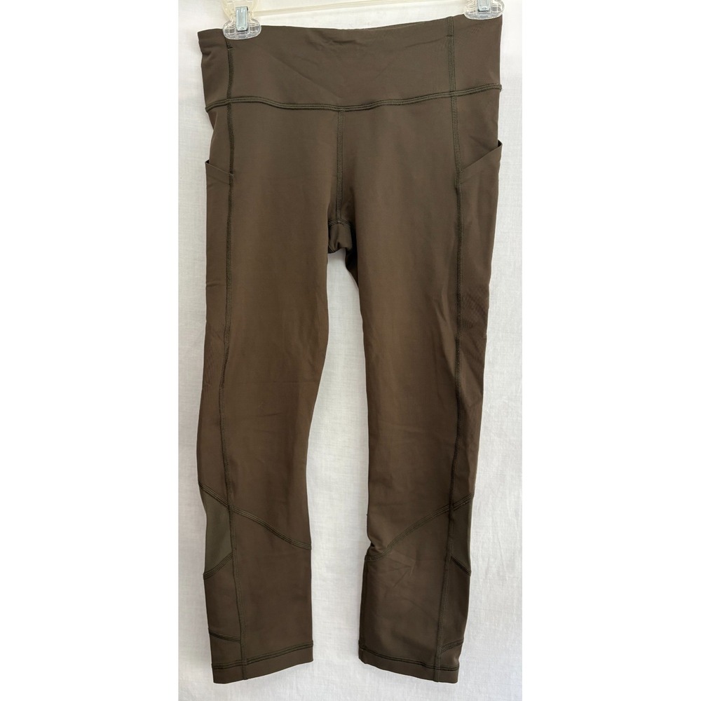 Lululemon Leggings Women's Size 4 Dark Olive Green Pockets Mesh‎ Reflective Logo